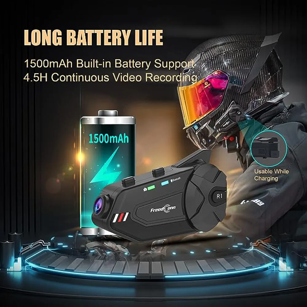 Freedconn r1プラスオートバイインターホンヘルメットダッシュカムBluetoothヘッドセットハンドフリーコミュニケータービデオレコード1080pインターホン