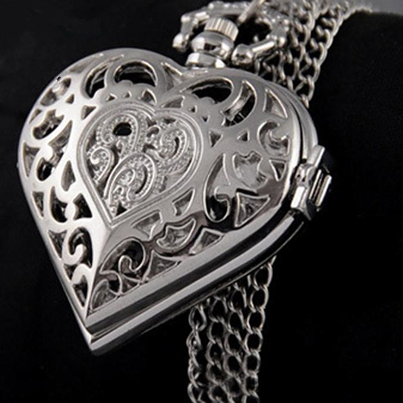 Exquisito reloj de bolsillo con diseño en forma de corazón, collar hueco, colgante de cadena, reloj de cuarzo, accesorios elegantes de regalo de ocio