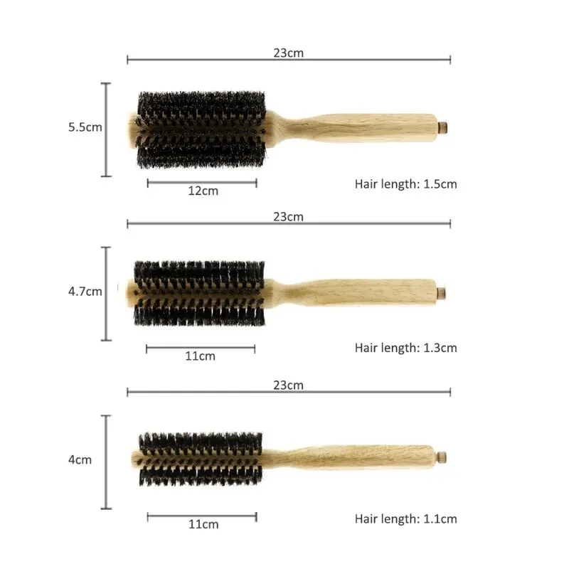 Professional 6 ขนาดตัดผม Salon ไม้ Handle Boar ขนแปรงรอบแปรงหางที่ถอดออกได้ช่างทําผมแปรงผมผมรอบหวี