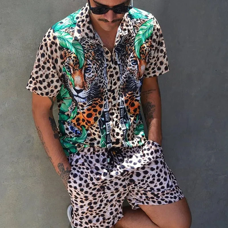 2024 Letnia moda męska Leopard Print Koszula z krótkim rękawem i szorty Zestaw w stylu plażowym Oddychające szorty Dwuczęściowy zestaw