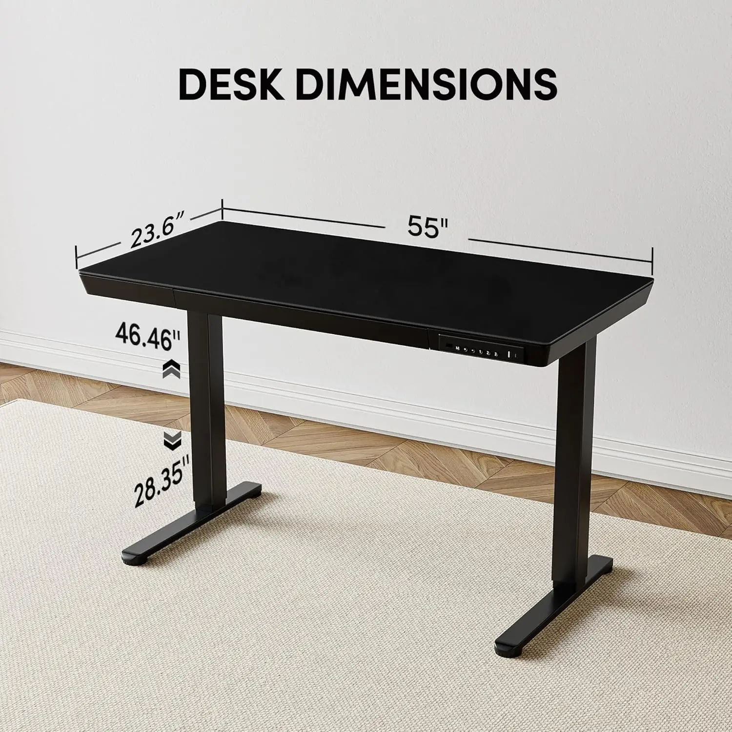 Electric Standing Desk with Drawers, 55 inch Whole-Piece Glass Desktop, Height Adjustable Stand up Sit Stand Home Office