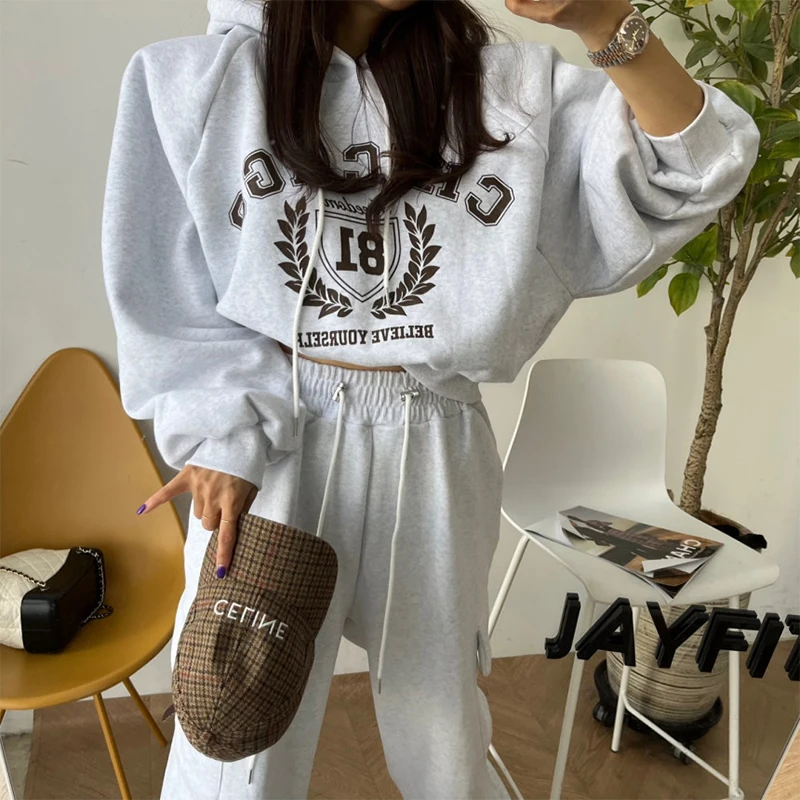 Chic Winter Anti-Aging Hooded Print Sweatshirt High Waist Slimming Wide Leg Casual Pants Set Versatile Fashionable Ensemble