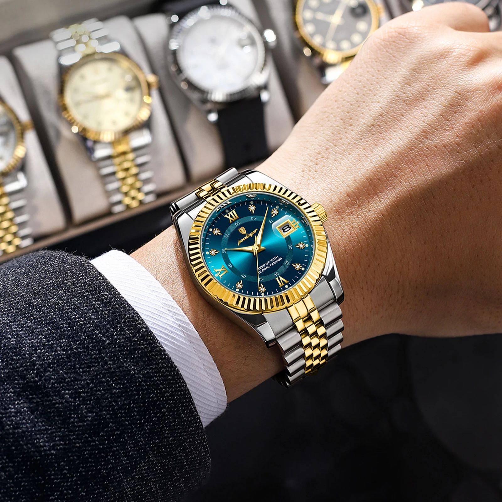 Poedagar 高級スポーツ腕時計男性用防水発光日付メンズ腕時計クォーツステンレス鋼メンズ腕時計男性リロイ + ボックス