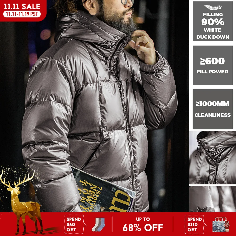 Maden Lässige, glänzende Daunenjacke mit Kapuze aus 90 % weißer Entendaunen, warmer Stehkragen, Puffer für Herren, vielseitige, einfarbige Wintermäntel