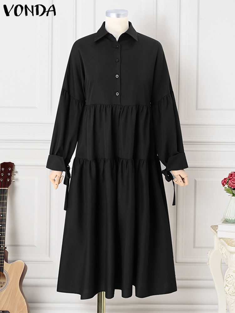 Vonda-フリル付き長袖ドレス,ラペルカラー,ラージサイズ,5XL,カジュアル,エレガント,ファッション,2024