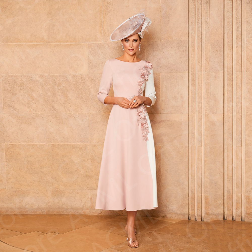 Robes personnalisées rose pâle pour mère des patients, robes d'invité de mariage longueur thé, col rond, toutes les fleurs à manches 3/4