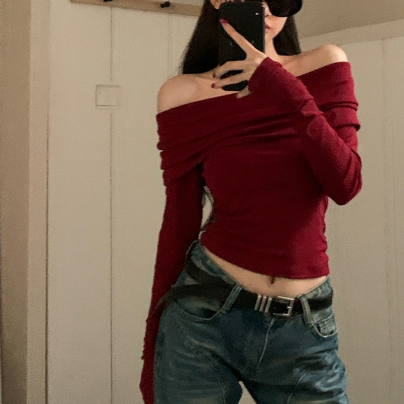 Zwart Sexy Tops Off Schouder T-shirt met lange mouwen Dames Effen Elegant Herfst/Winter Nieuw Pittig Meisje Slim Fit Korte Rode Crop Top