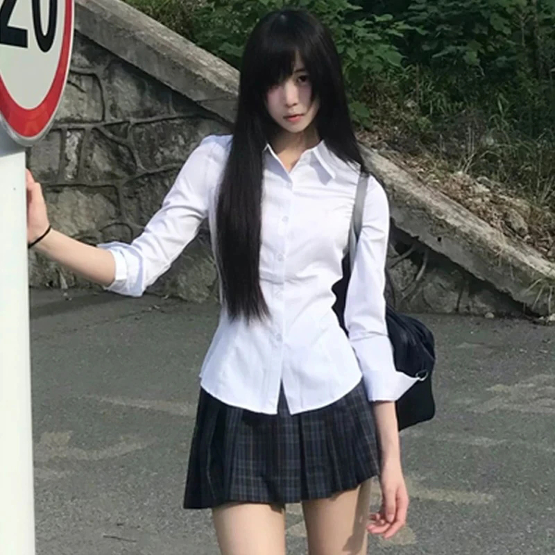 Harajuku Y2K Slim Fit белая рубашка женская 2025 талия для похудения с длинным рукавом Jk рубашки женские универсальные отложной воротник шикарная блузка