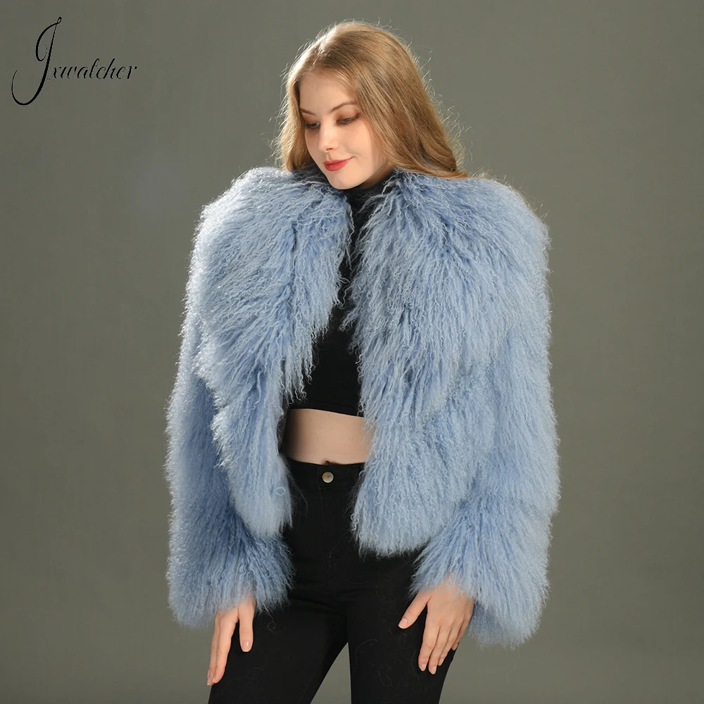 Jxwatcher-abrigo de piel mongol para mujer, abrigo corto de piel auténtica con cuello vuelto grande, chaqueta mullida cálida a la moda para invierno para mujer