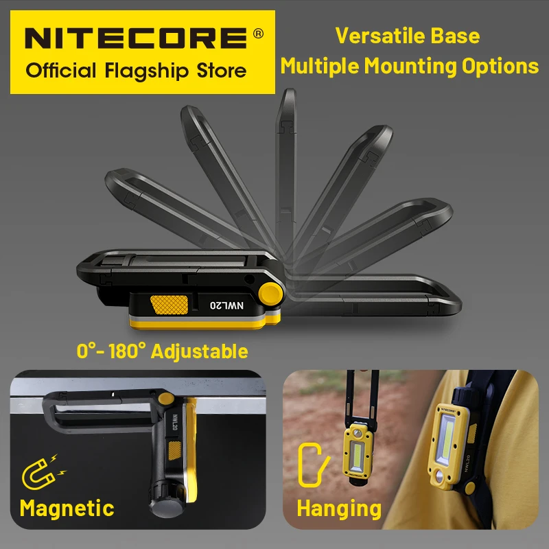 NITECORE NWL20 USB-C Rechargeable Work Light 180° Adjustable Multifunctional Triple Output Floodlight Spotlight, 21700 Battery