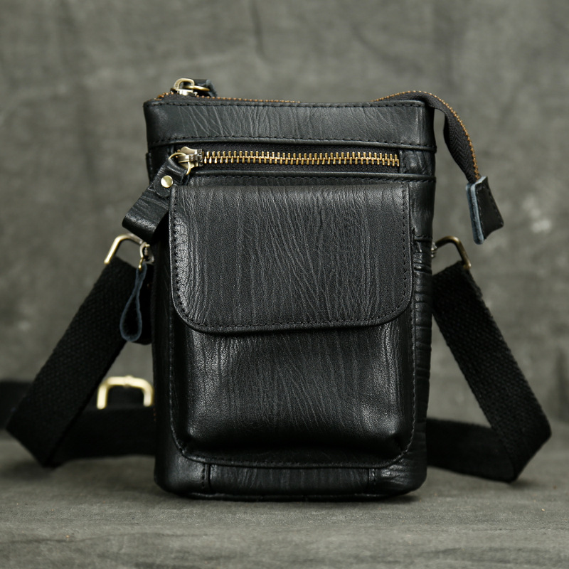 クレイジーホースレザーファニーウエストバッグ、フック付き屋外携帯電話スリングバッグ、着用ベルト、クロスボディバッグ、高級レトロ、7インチ