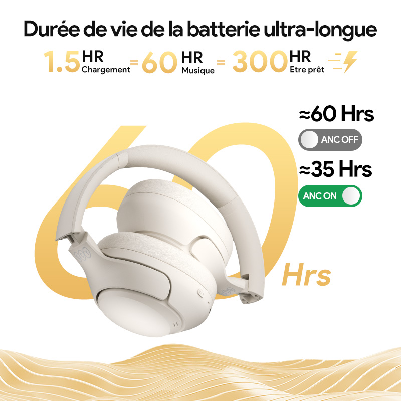 QCY-Casque sans fil H3 ANC, Bluetooth 5.4, audio haute résolution, casque sur l'oreille, hybride 43dB, suppression active du bruit, écouteurs 60H