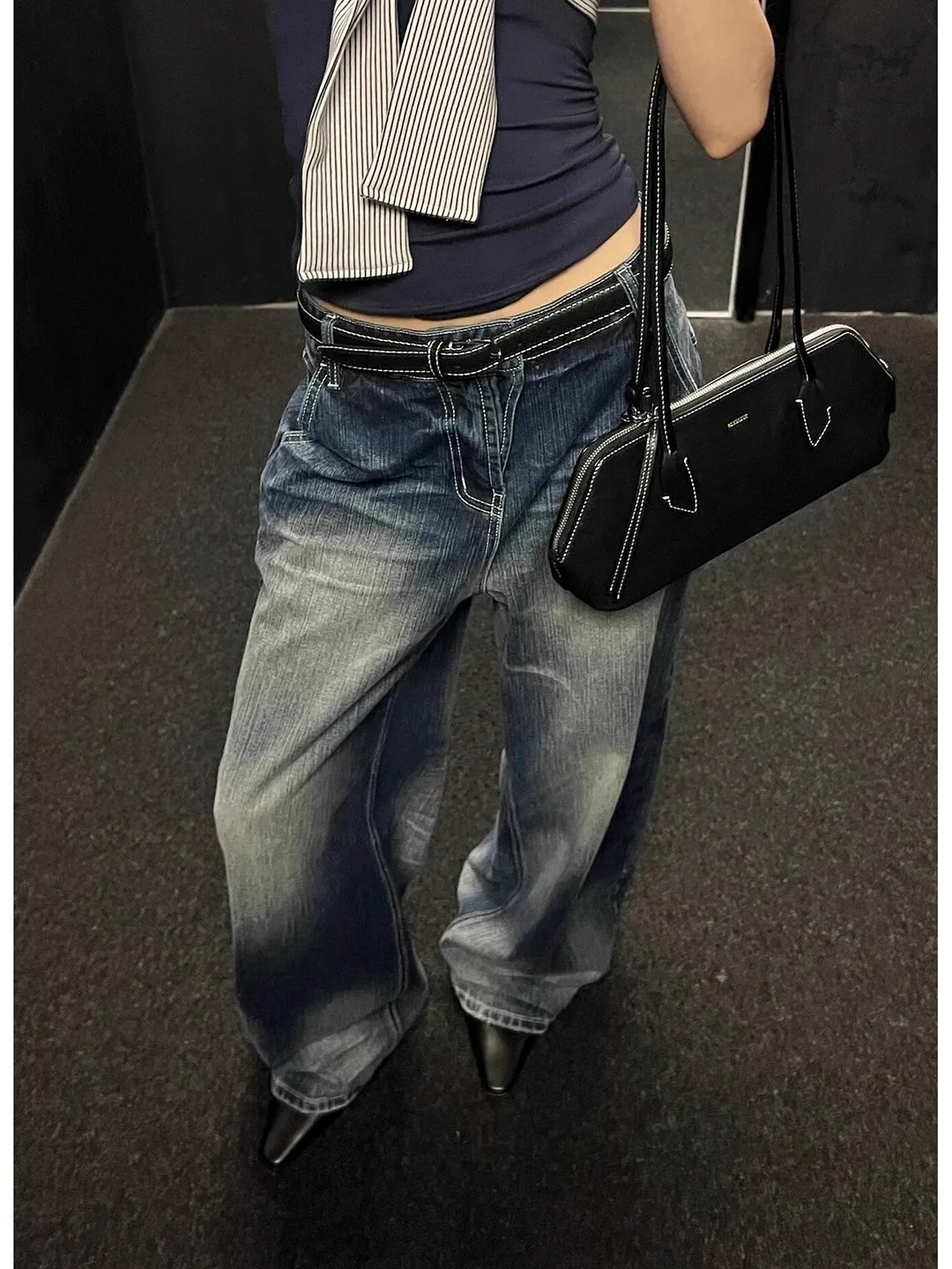 WCFCX STUDIO Vintage-Jeans mit weitem Bein, lockere Passform, hoch taillierte, schlankmachende, lässige, lange Hose mit geradem Bein