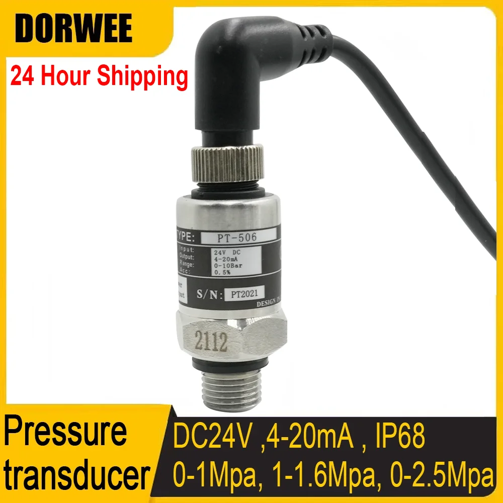 Pressure Transducer Cable Pressure Transmitter Water Gas Hydraulic Sensor 0-1Mpa 0-1.6Mpa 0-2.5Mpa 4-20mA DC24V G1/4 IP68