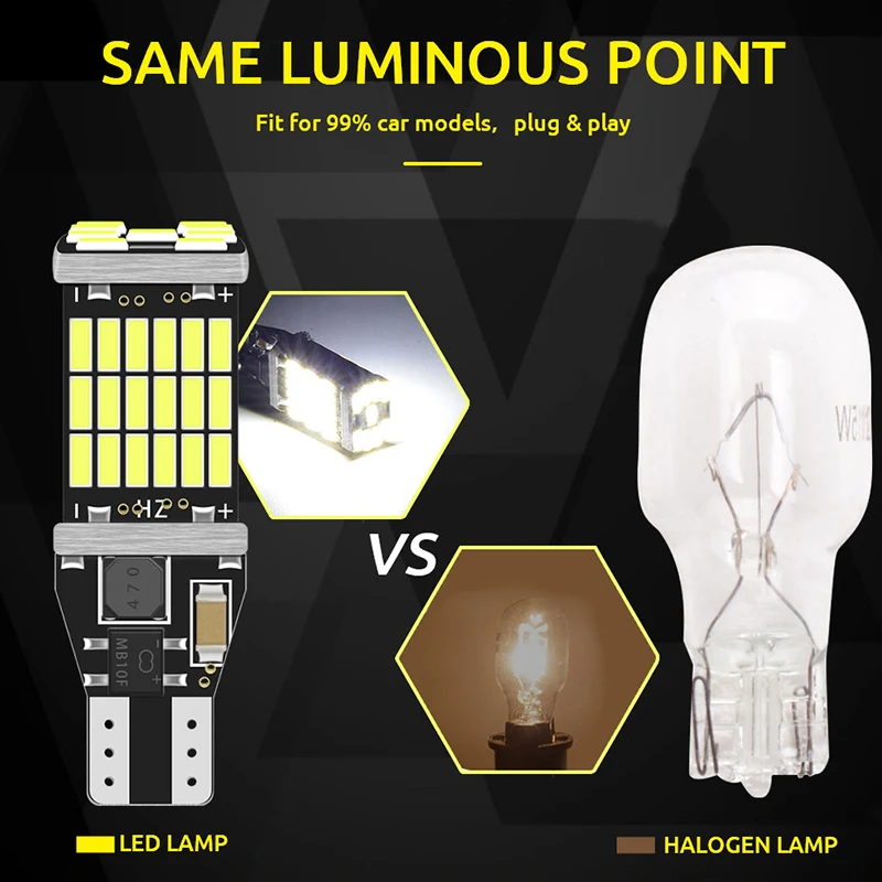2x โคมไฟสัญญาณ LED T15สว่างมาก W16W หลอดไฟ LED 920 921 912 4014 45ชิปไฟถอยหลังสำหรับไฟถอยหลังไฟจอดรถสำรอง