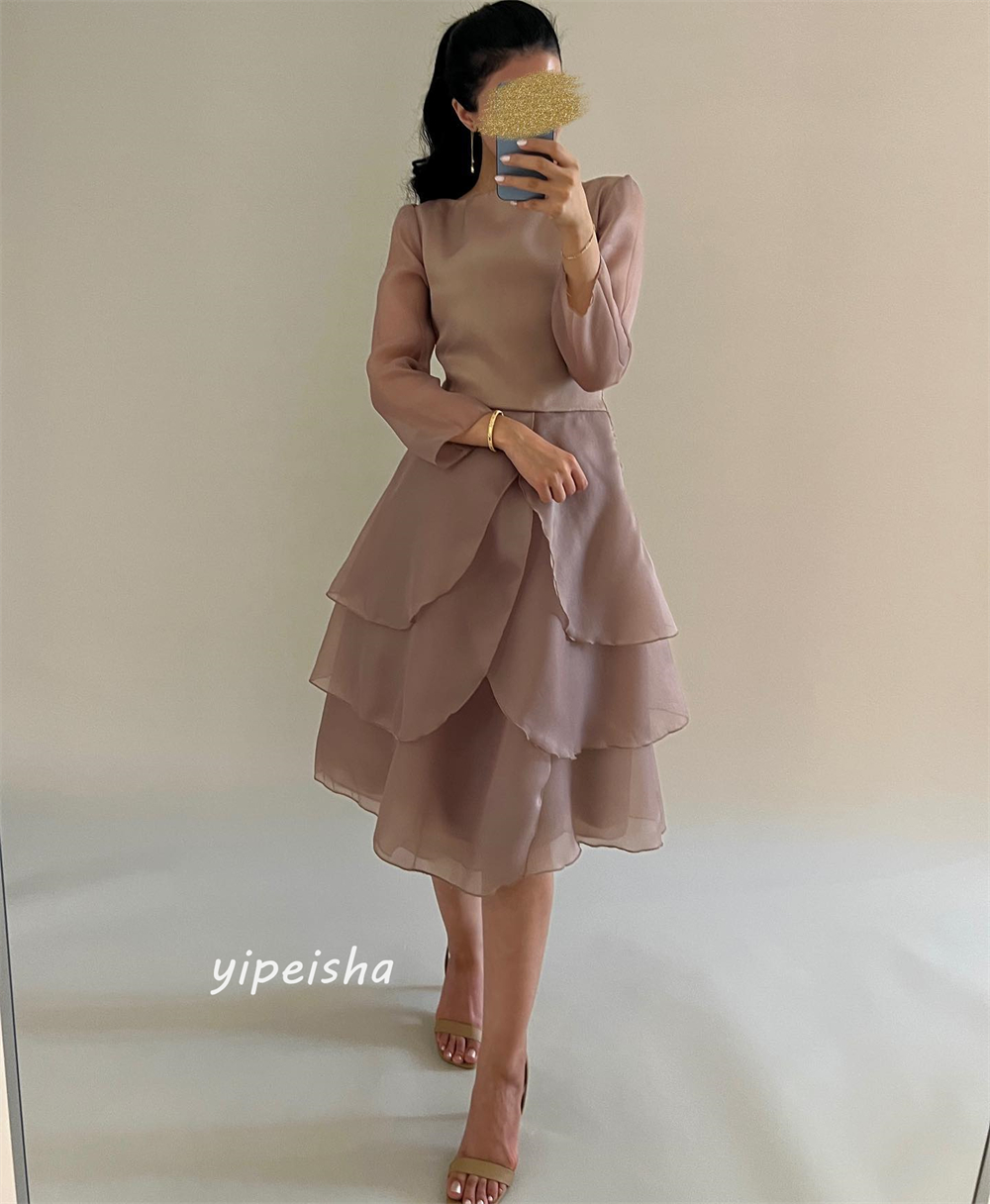 Customized   Chiffon Tiered Draped Homecoming A-line Jewel Bespoke Occasion Gown Knee Length Dresses