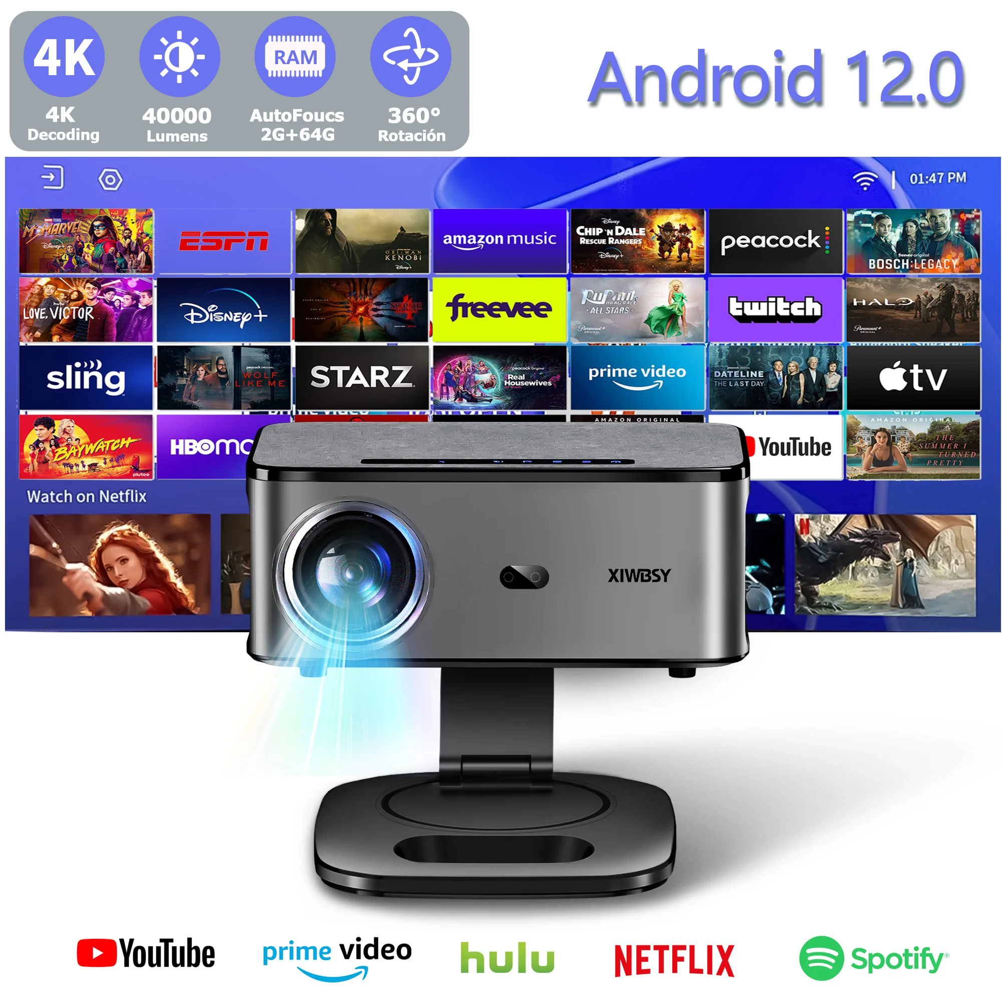 Портативный проектор XIWBSY, 40000 люмен, 4K, Android 12,0, проектор дневного света, 64G, 8K, видео, домашний кинотеатр, автоматический фокус, умный проектор