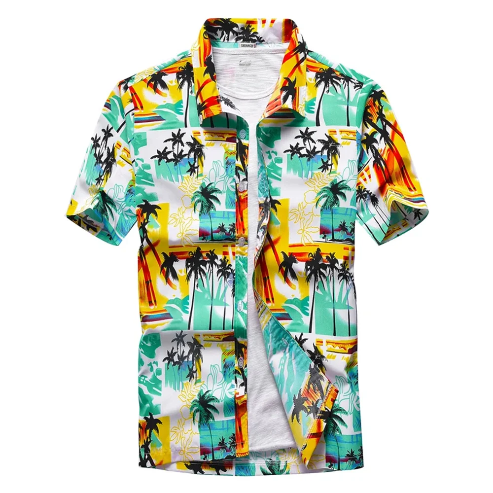 Summer Breathable Hawaiian Shirts Men Coconut Tree Printed Short Sleeve Button Down Vacation  Plus Size
