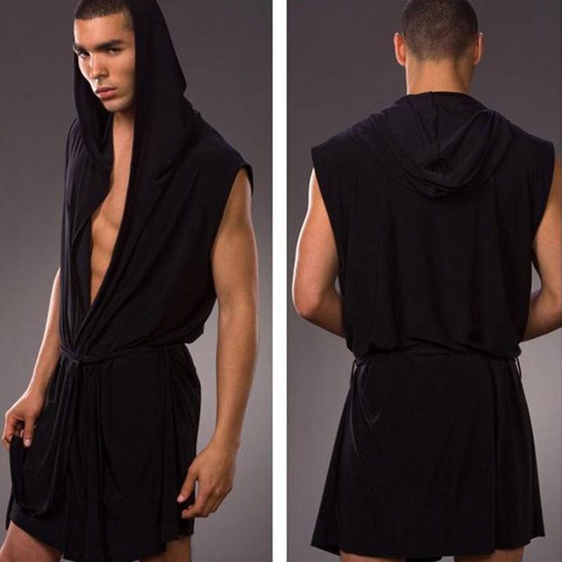 ชายผ้าไหมใหม่ Hooded Sleeveless เซ็กซี่บางเสื้อคลุมอาบน้ำ Pijama Hombre สบายและ Breathable ผ้าขนหนูอาบน้ำ Robe Gown