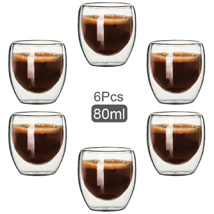 6 ชิ้น, 2.7 ออนซ์ถ้วยกาแฟสร้างสรรค์, สูง Borosilicate Double - layer ถ้วยแก้วเอสเปรสโซ, โปร่งใสเครื่องดื่มถ้วย, ถ้วยน้ําฉนวน
