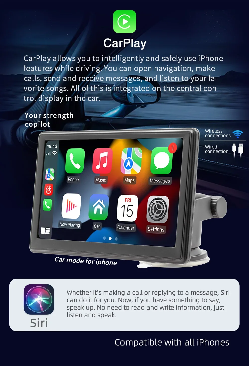 Universal 7inch Car Radio Multimedia Video Player Wireless Carplay And Wireless Android Auto Touch Screen Sun Visor B500