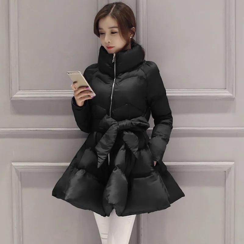 Chaqueta acolchada de algodón con cuello levantado para mujer, abrigo coreano, falda acampanada, abrigo Parker cálido Delgado grueso, invierno, nuevo
