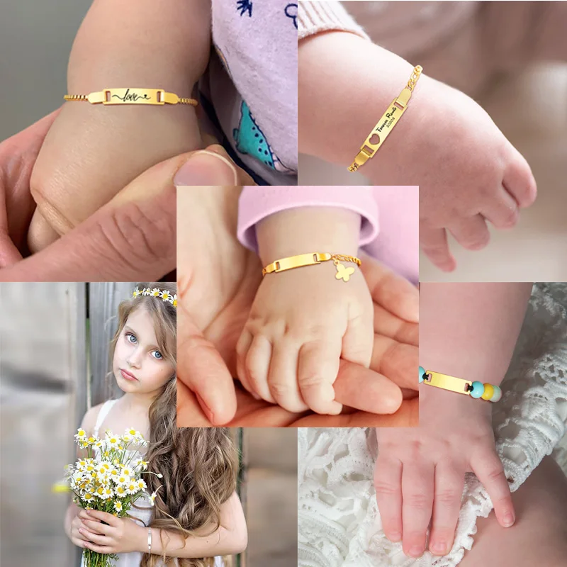Pulseira de identificação com nome personalizado, presentes para meninos e meninas, pulseira de coroa de elo de corrente de aço inoxidável não alérgica