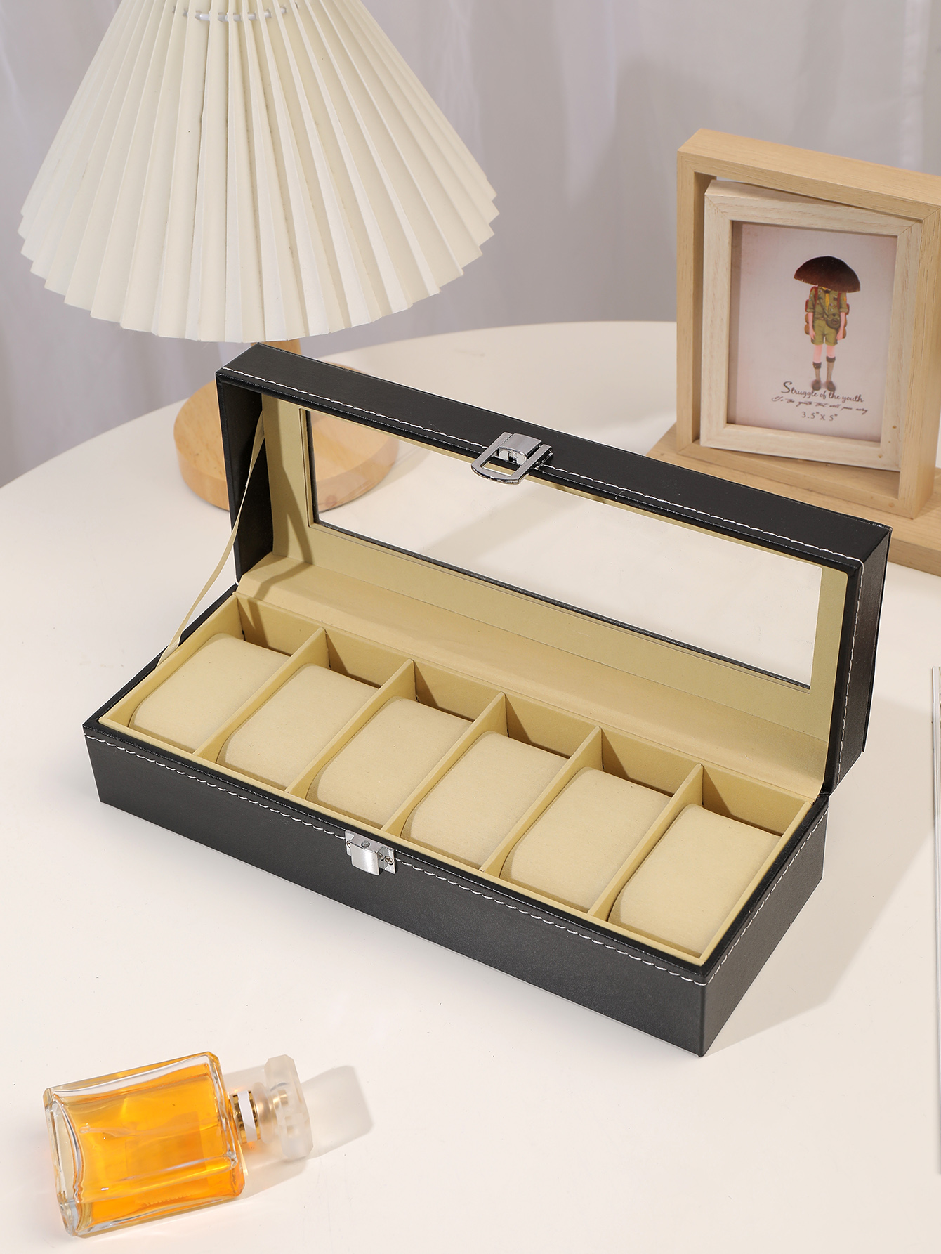 กล่องเก็บของที่ใส่นาฬิกาแบบกล่องนาฬิกาข้อมือ6ช่องกล่องใส่นาฬิกาหนัง PU หรูหรา