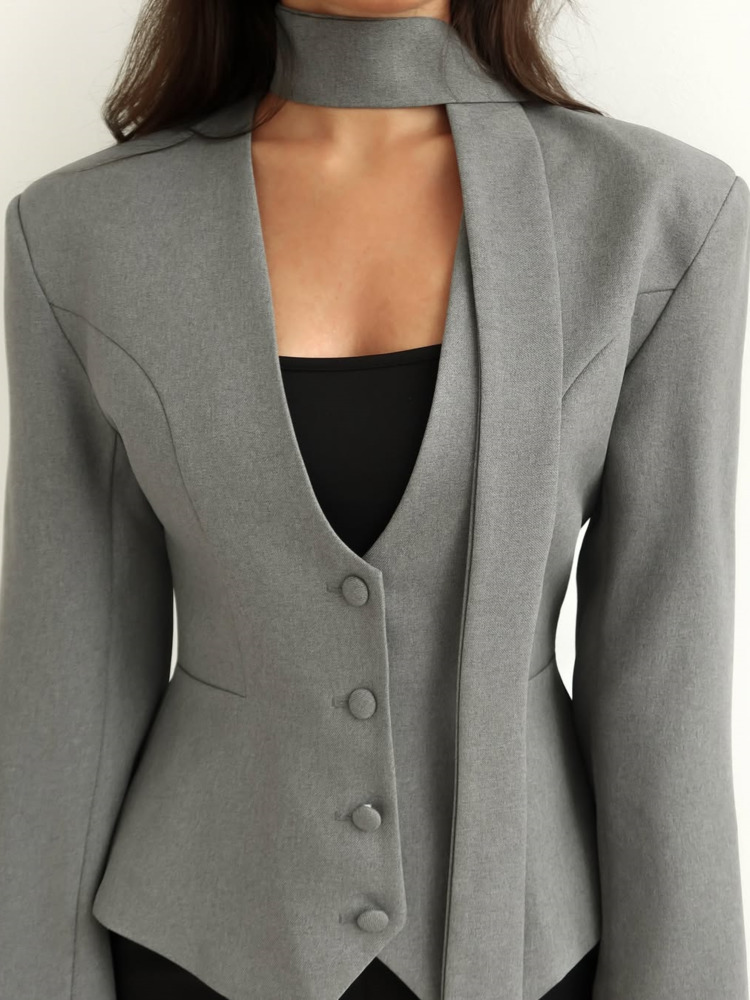 Zmeina jaqueta blazer cinza feminina com detalhe de cachecol integrado decote em v botão frontal manga comprida slim fit casual zm3252