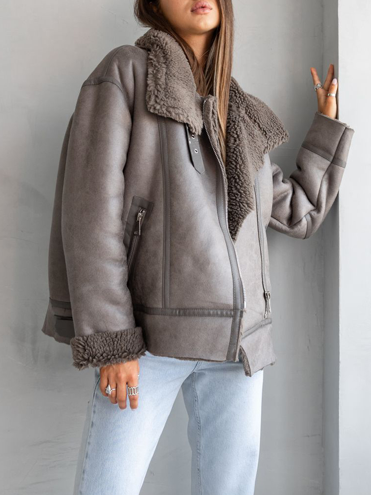 Ailegogo 秋冬女性ルース厚く暖かいフェイクスエードレザーファージャケットストリート女性ヴィンテージスプライシングコートシックな生き抜く