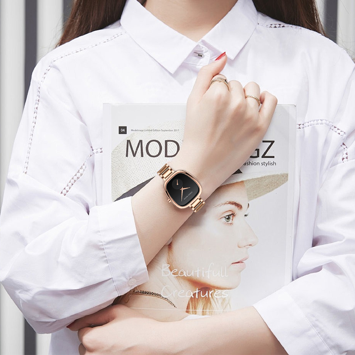 2023 ใหม่ผู้หญิงนาฬิกาข้อมือควอตซ์ 34 มม.Wine Barrel Rose Goldนาฬิกาจับเวลาสีดําแฟชั่นMinimalistสไตล์ผู้หญิงนาฬิกา