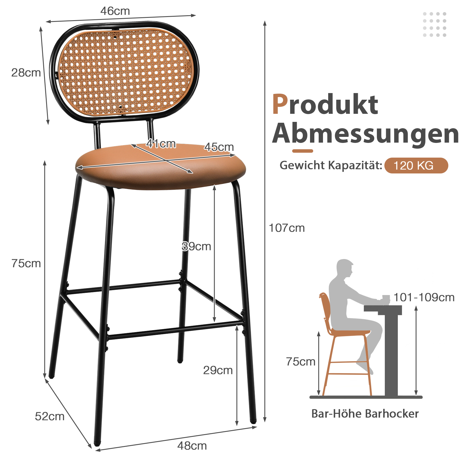 Barhocker 2er Set, Barstuhl mit Rückenlehne aus Rattanimitat, Küchenstühle Höhe 75 cm mit Metallgestell und Fußstütze