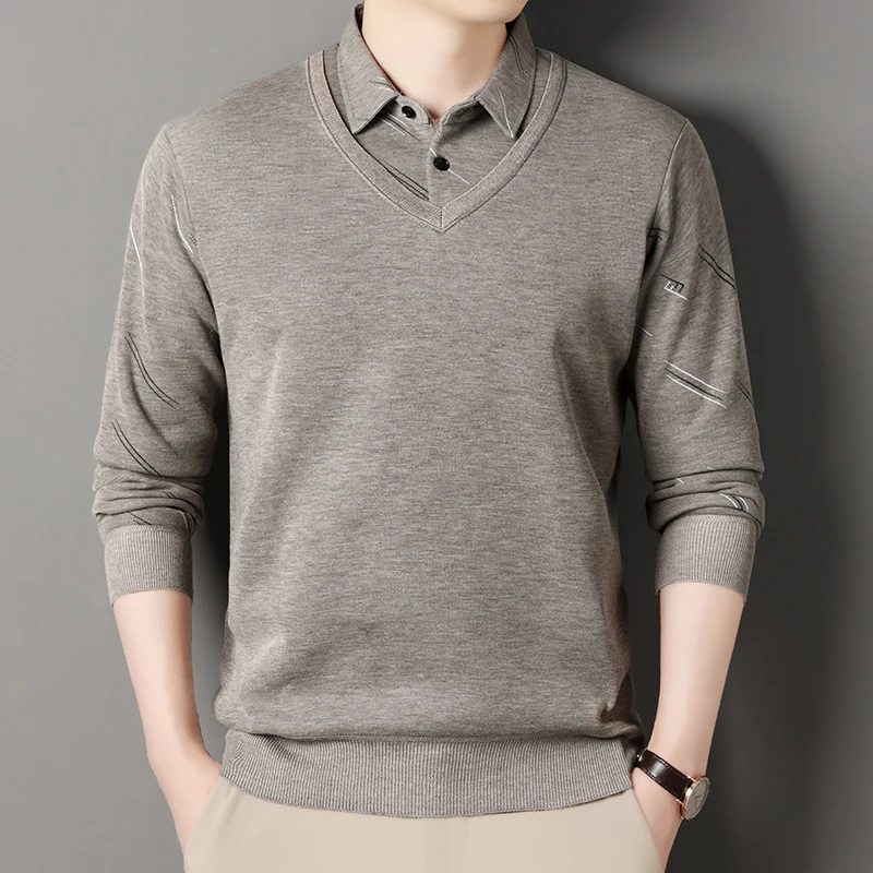 Männer Fleece Futter Pullover Herbst Winter Pullover Polo-Shirt Kragen Gefälschte Zwei Stück Dicke Warme Top Kleidung Lässige Strickwaren