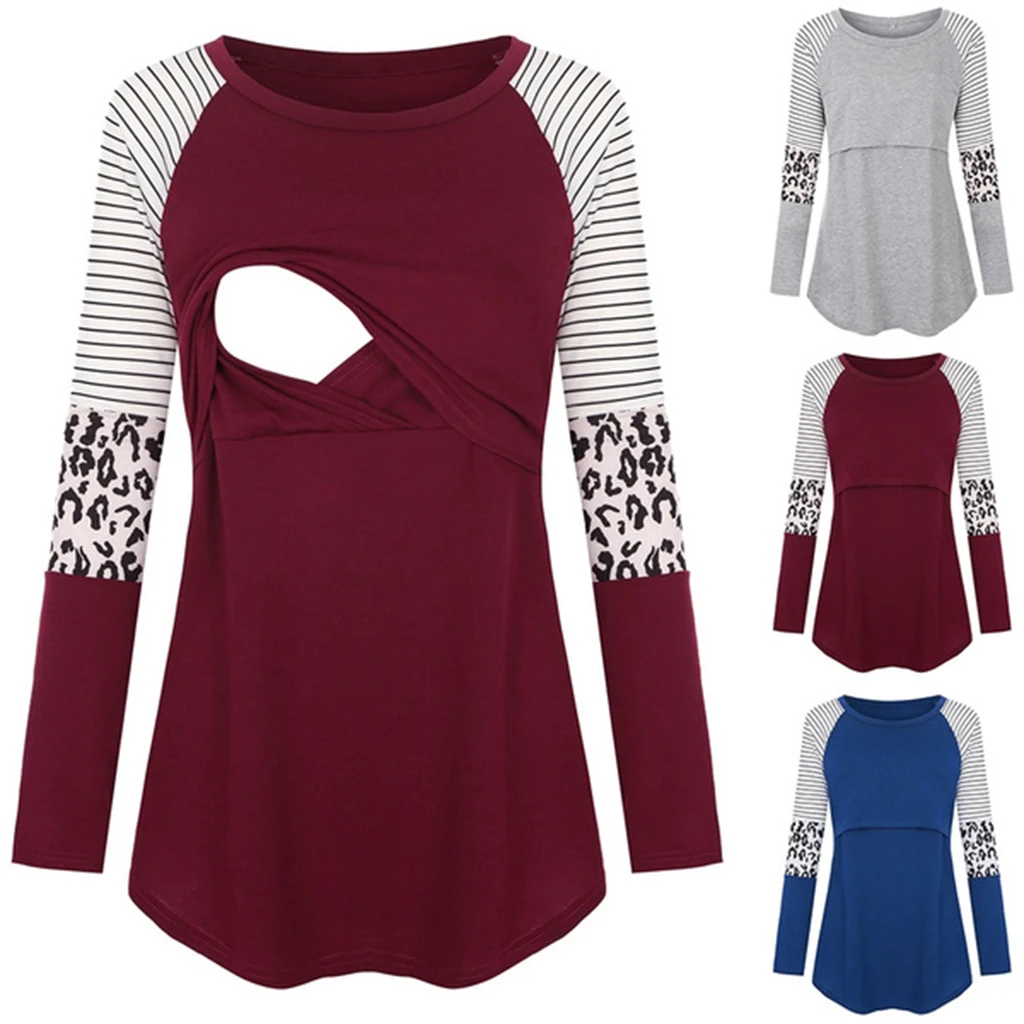 Women Maternity Long Sleeve Nursing Patchwork Color Tops Breastfeeding Blouse
