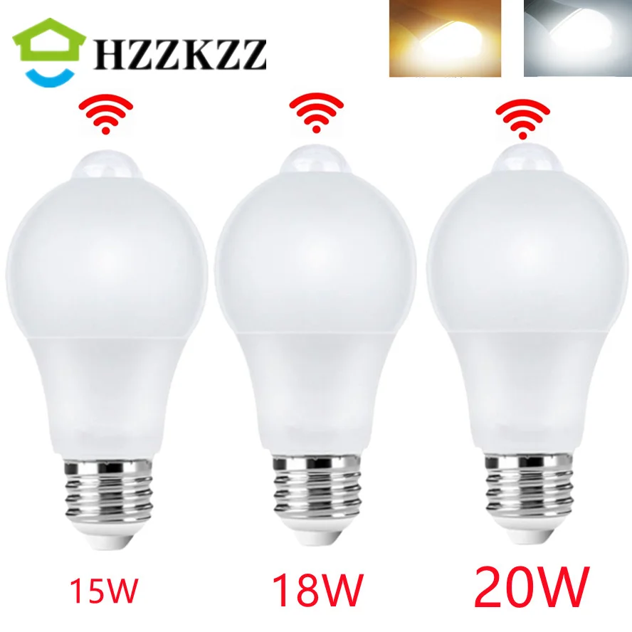 Bombilla LED con Sensor de movimiento E27 20W AC220V, lámpara LED con Sensor PIR, luz nocturna led de encendido/apagado automático para iluminación de estacionamiento del hogar AC85V-265V