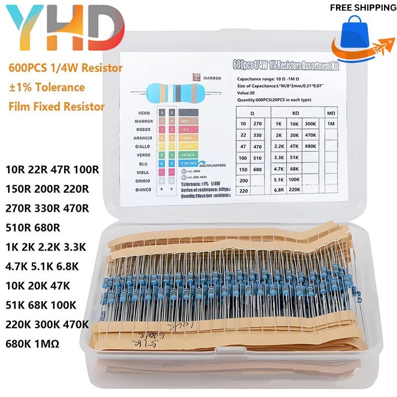 300/600/2600PCS 1/4W Resistencia 1% Kit de resistencias de película metálica con caja 1K 10K 100K 220ohm 1M Resistencias 30 tipos