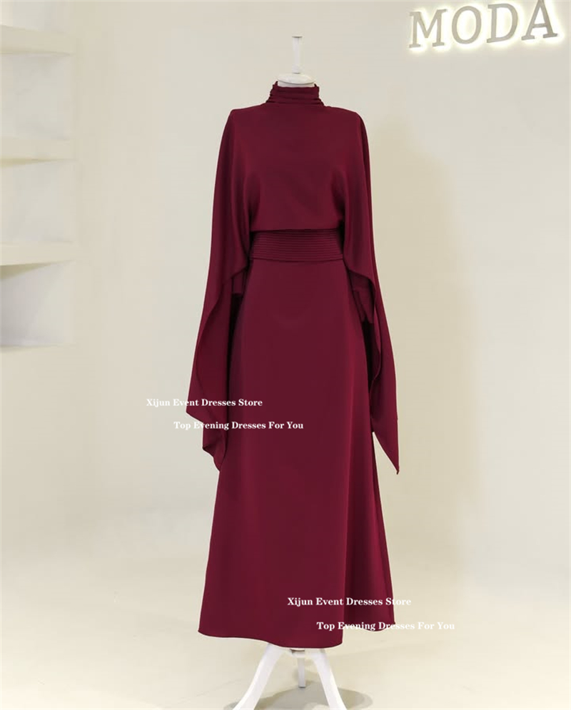 Xijun Crepe Modest Evening Dresses High Collar Pleats Formal Prom Dresses Long Cape Sleeves Muslim A-Line Prom Gowns Customized