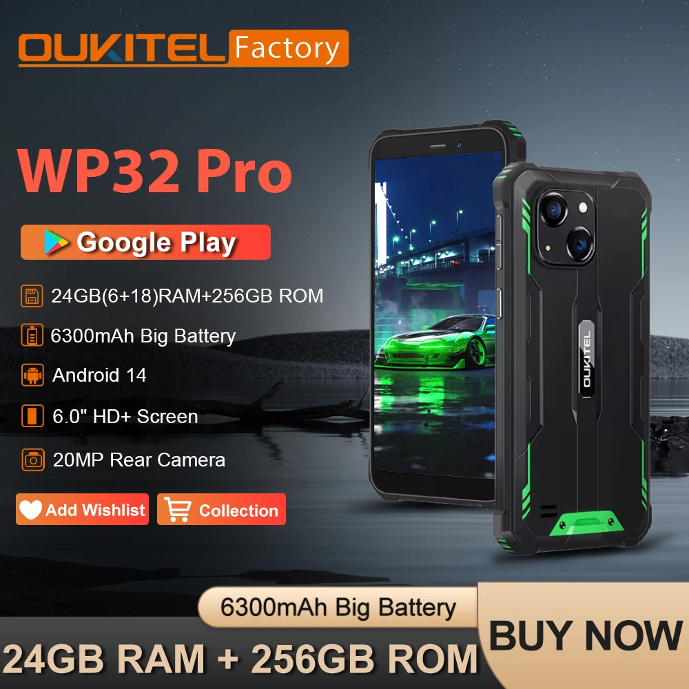 Oukitel WP32 pro Robustes Smartphone 6" HD 24GB+256GB 6300mAh Octa Core Mobiltelefon 20MP Mobiltelefon NFC