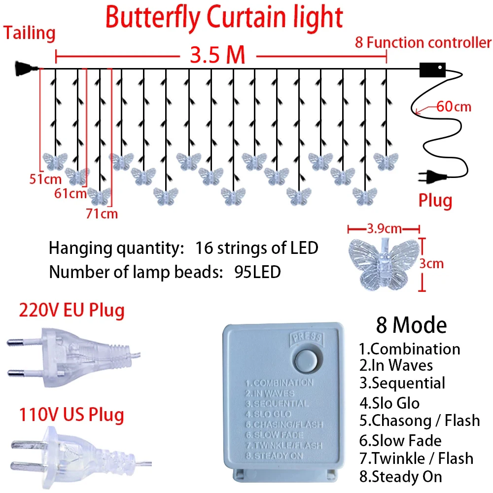 สีชมพูสีม่วง LED Butterfly Garland Fairy ไฟ String สำหรับห้องนั่งเล่นตกแต่งบ้านตกแต่งห้องนอน