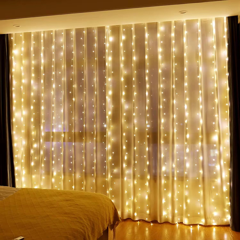 Vorhang-LED-Lichterkette, 3 x 3/2/1 m, warmes Licht, Fernbedienung, Schlafzimmer, Urlaub, Hochzeit, Weihnachtsdekoration, Feengirlande, Lampe