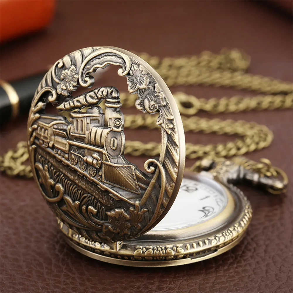 Clássico vintage steampunk trem relógio de bolso de quartzo com corrente colar moda bronze melhor presente para homens crianças relógio
