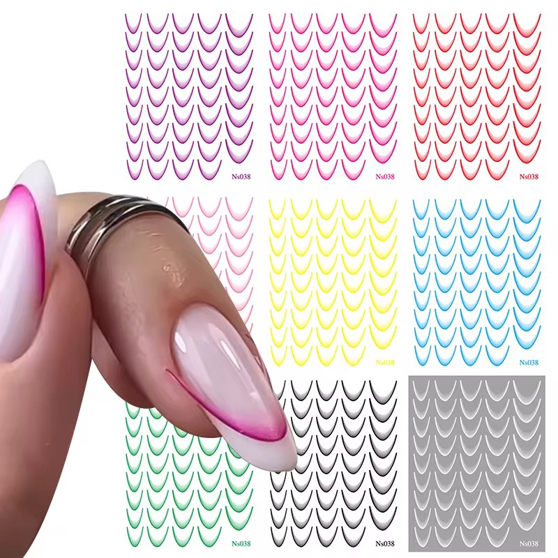 Gradient Color Line Design French Nail Art Stickers  Self-adhesive Ail Tips Guides For Diy Decoration Stencil Tools 9pcs/set