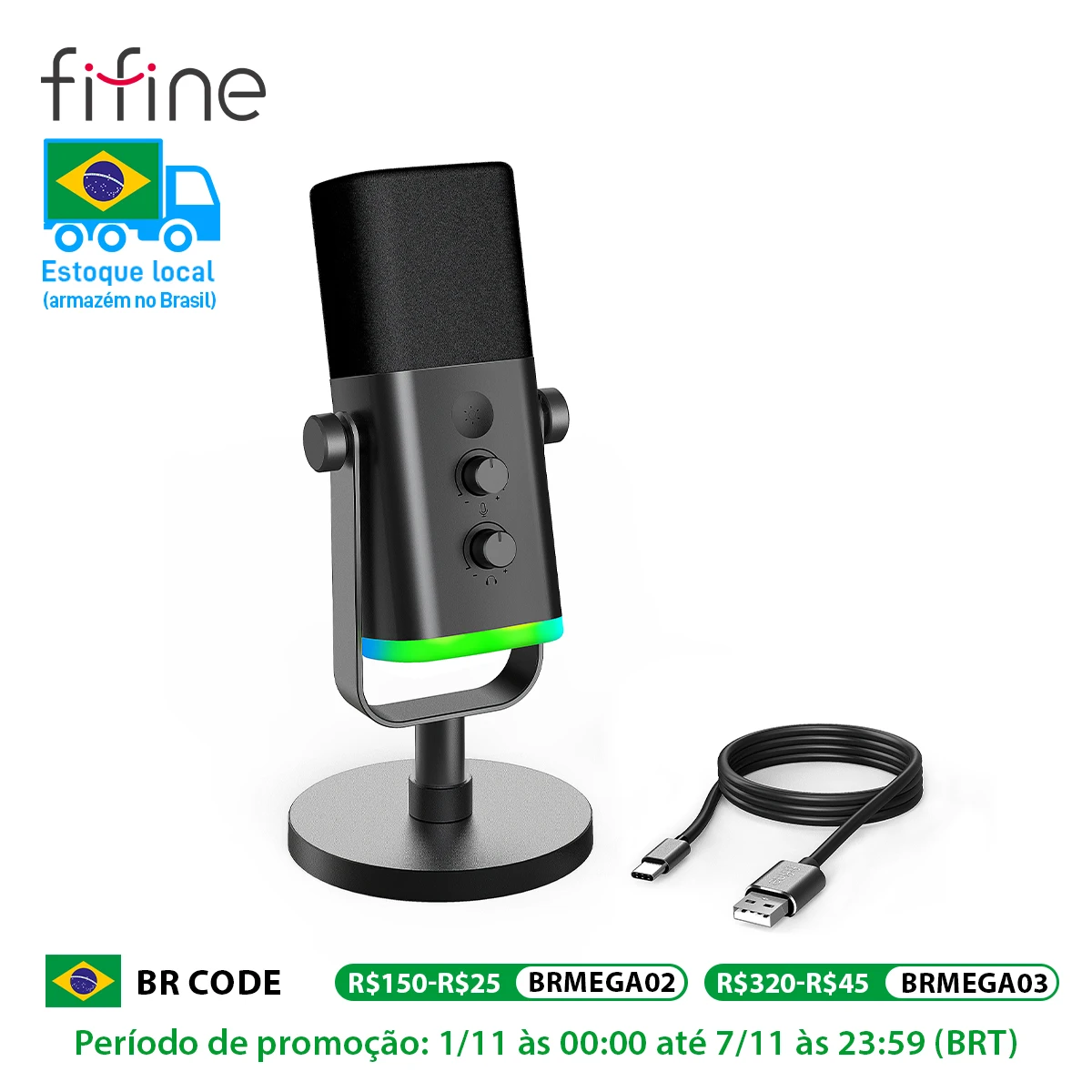 FIFINE USB/XLR Динамический микрофон с управлением RGB/разъемом для наушников/отключением звука, микрофон для игровой записи ПК Потоковое усилениеGame-AM8