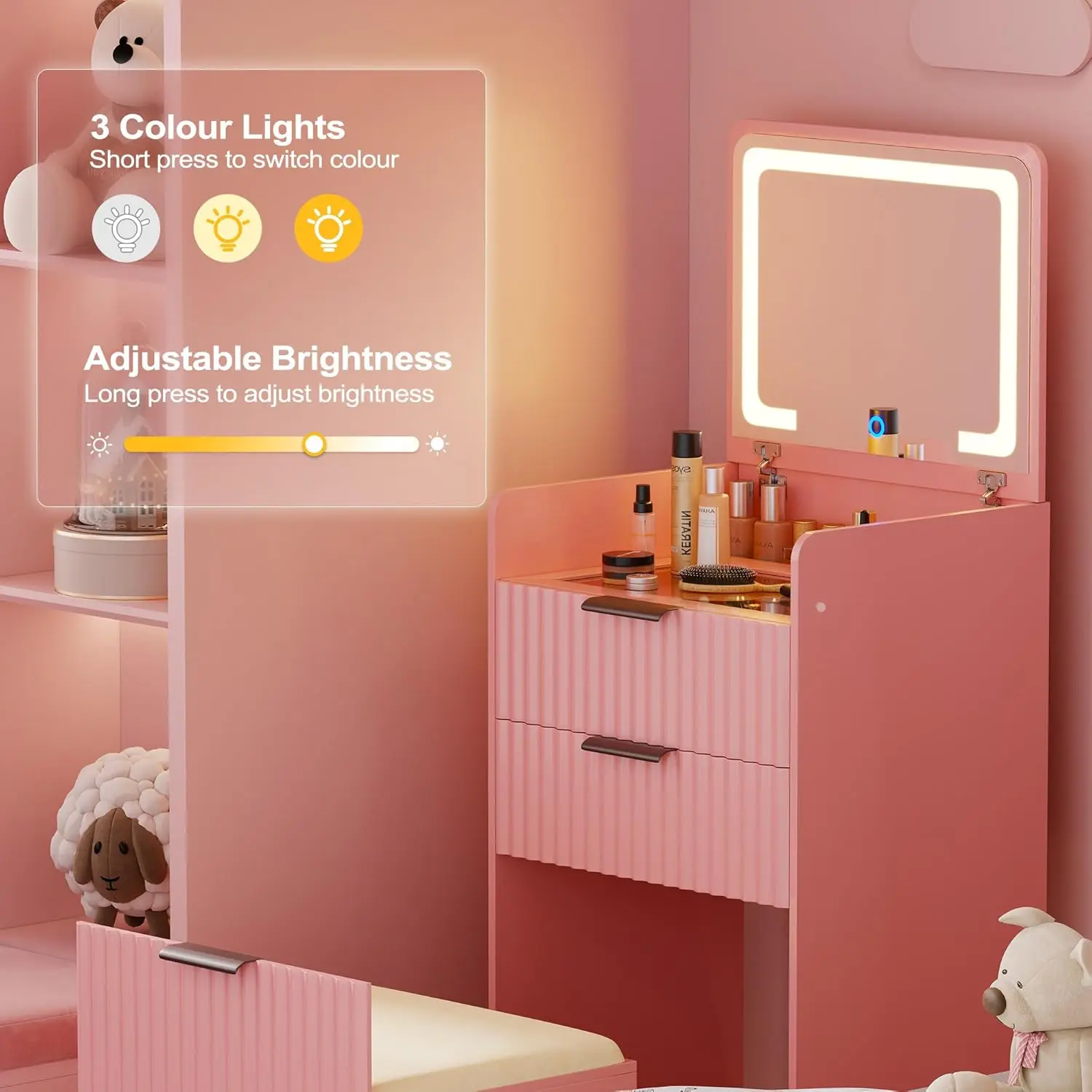 3 in 1 Small Vanity Desk with Plip Top Mirror,Makeup Vanity Set with Visible Glass Desktop,Compact Vanity with 3 Drawers,Storage