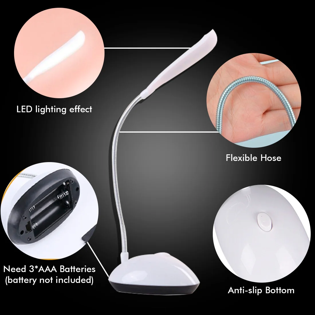 Lámpara de noche de lectura LED que funciona con batería, luz de mesa Flexible, interruptor plegable, luz de estudio para niños, oficina y estudiantes