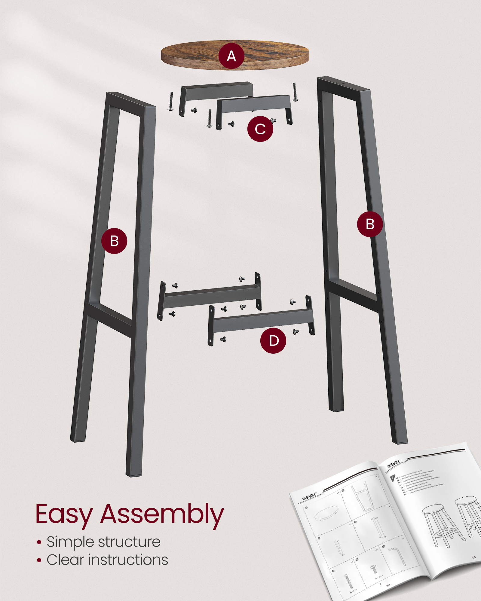 VASAGLE Bar Stool, Set of 2, Kitchen Chair