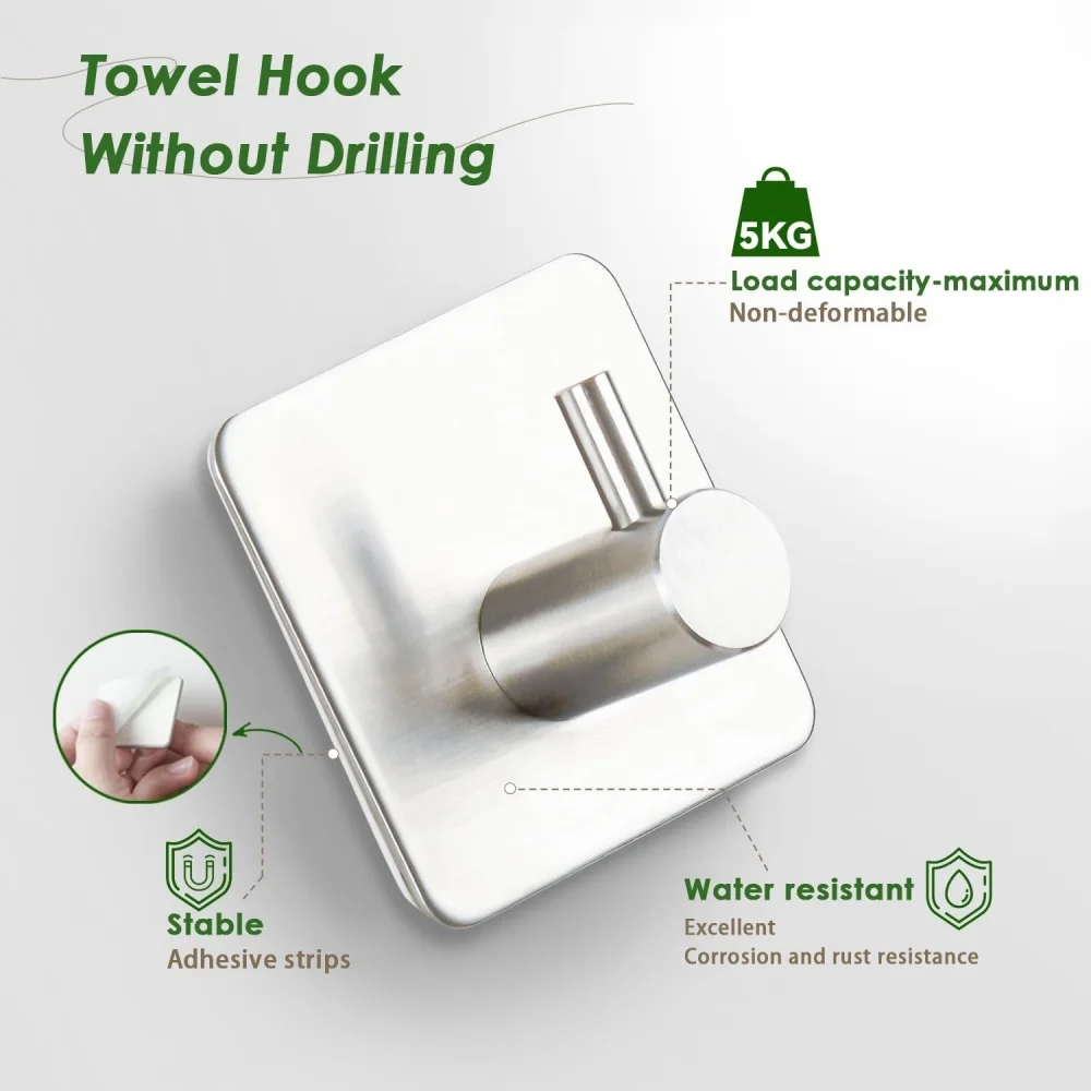 Toallero autoadhesivo con gancho resistente, autoadhesivo de pared de acero inoxidable 304, sin necesidad de perforar, resistente al agua