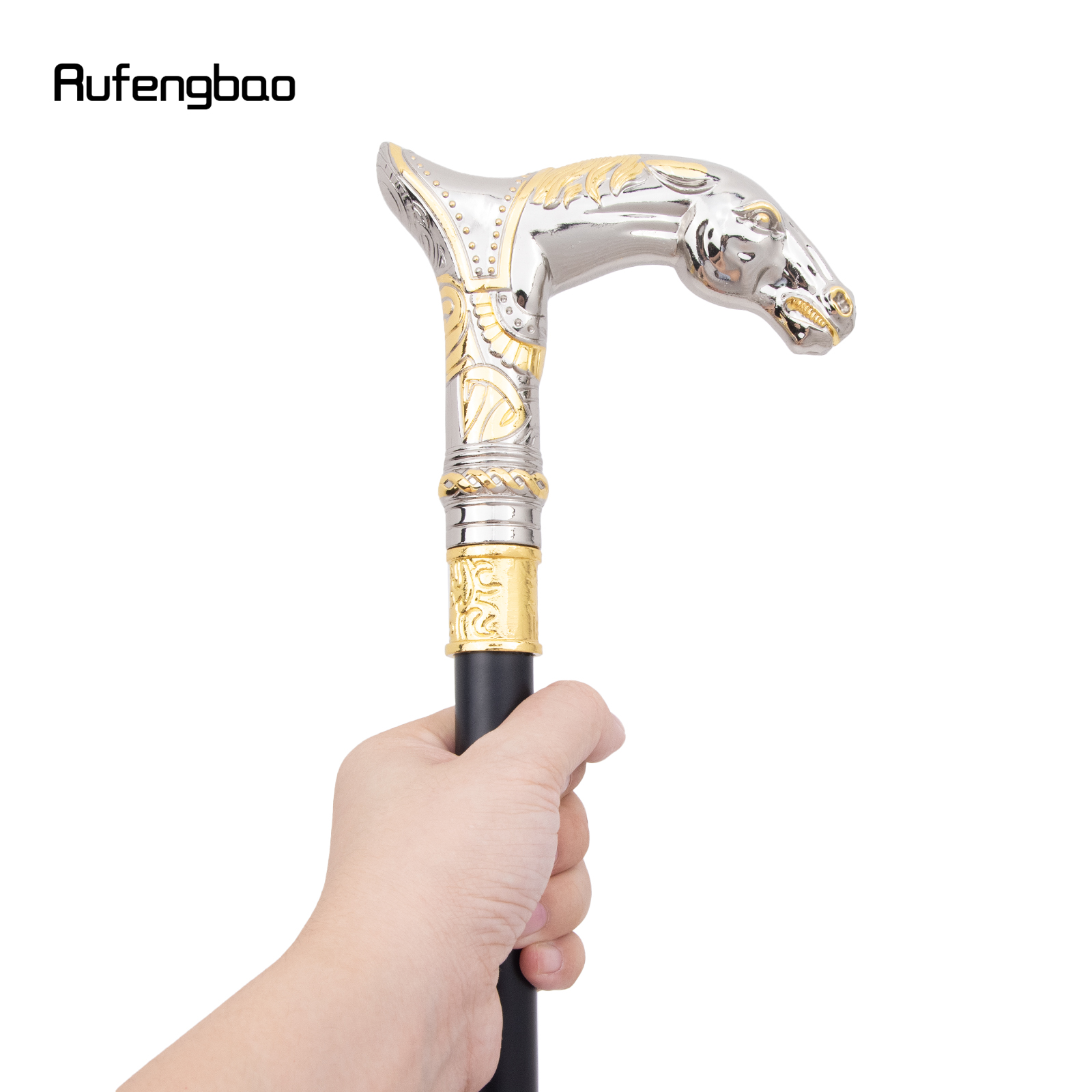 隠しプレート付き杖,金色の白い馬の頭,動物のシングルジョイント,杖コスプレクローザー,自己防衛ファッション,93cm