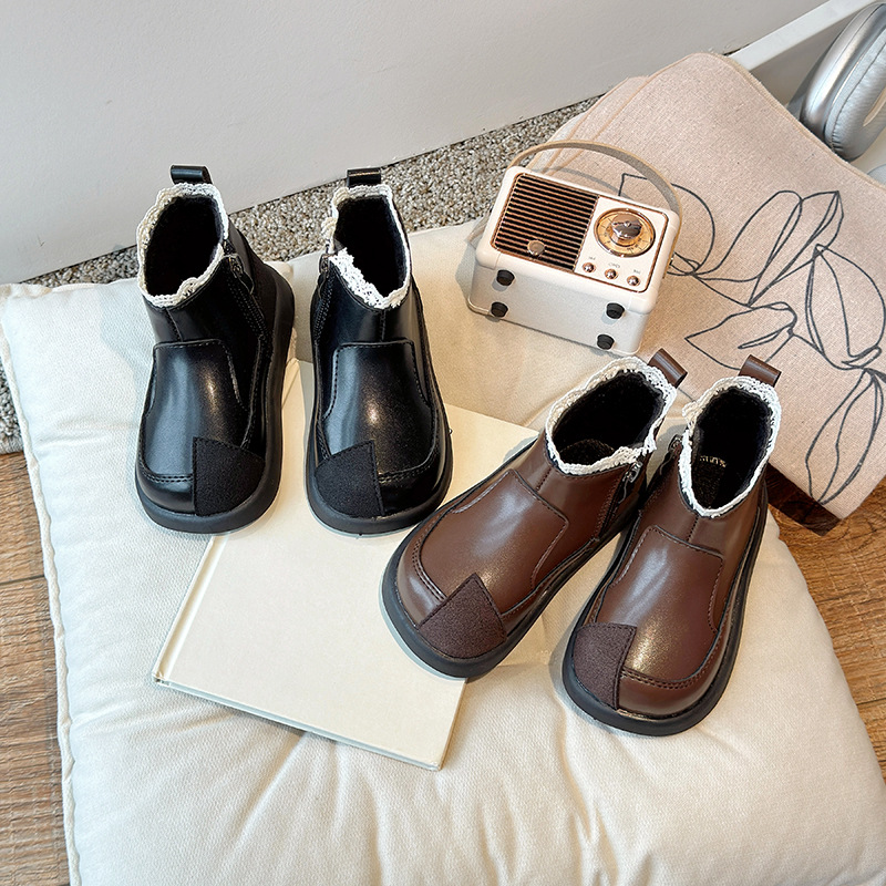 Детские ботинки принцессы с милым кружевом, короткие сапоги для девочек из хлопка, нескользящие, осень-зима 2024, новые детские ботильоны, элегантные