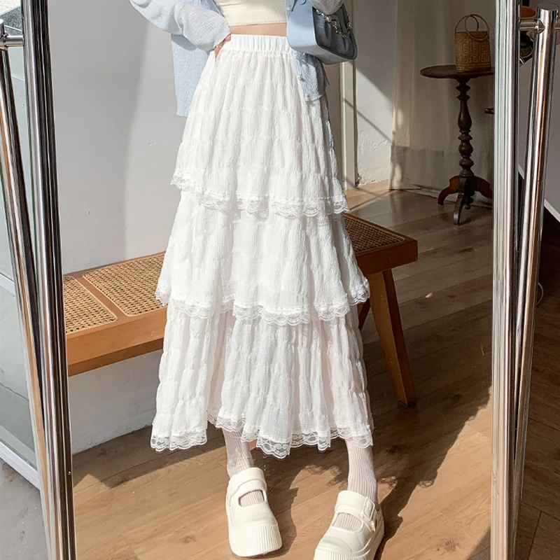 Dulce encaje mujeres pastel Puff faldas de gasa verano elegante dobladillo plisado sólido falda larga coreano A-Line faldas de cintura alta